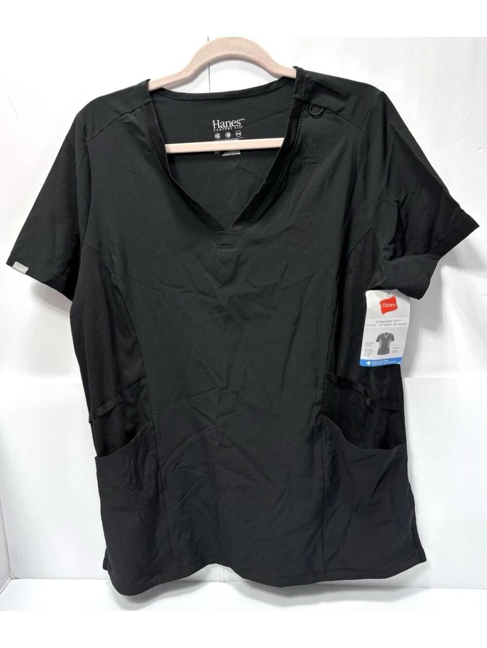 Hanes Scrubs Black V Neck Top Womens Large Comfort Fit Medical Healthcare Shirt